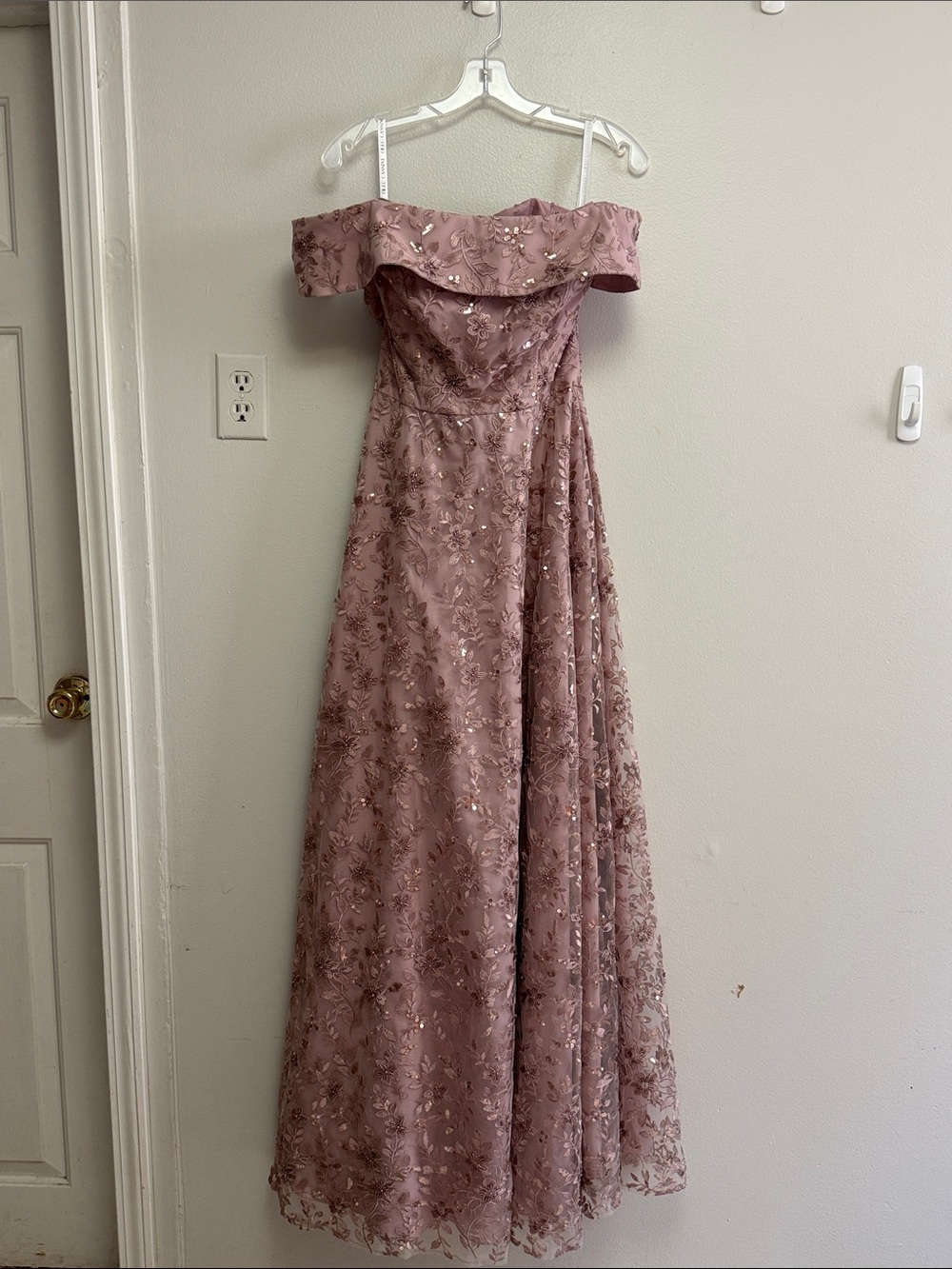 Oleg Cassini Mauve Off-Shoulder Embellished Prom Gown